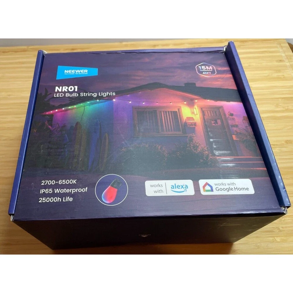NEEWER NR01 48FT Outdoor String Lights RGBW 15 LED Smart Alexa Google NEW